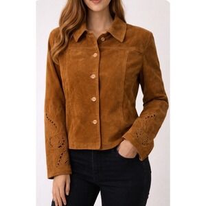 Coldwater Creek XL Cognac Brown Suede Leather Floral Cutout Jacket Vintage rodeo
